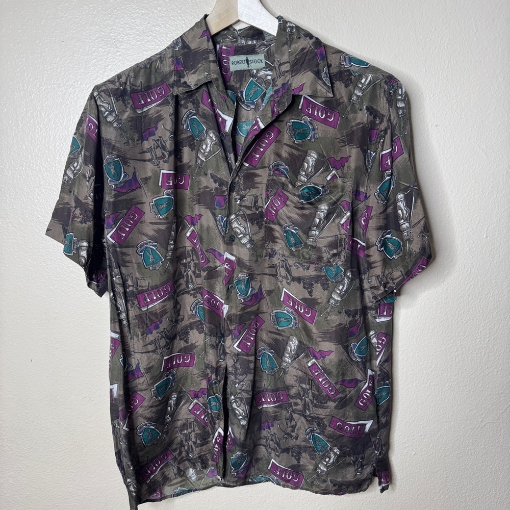 Robert Stock Shirt Mens Medium Button Up Short Sleeve Silk golf-themed pattern.
